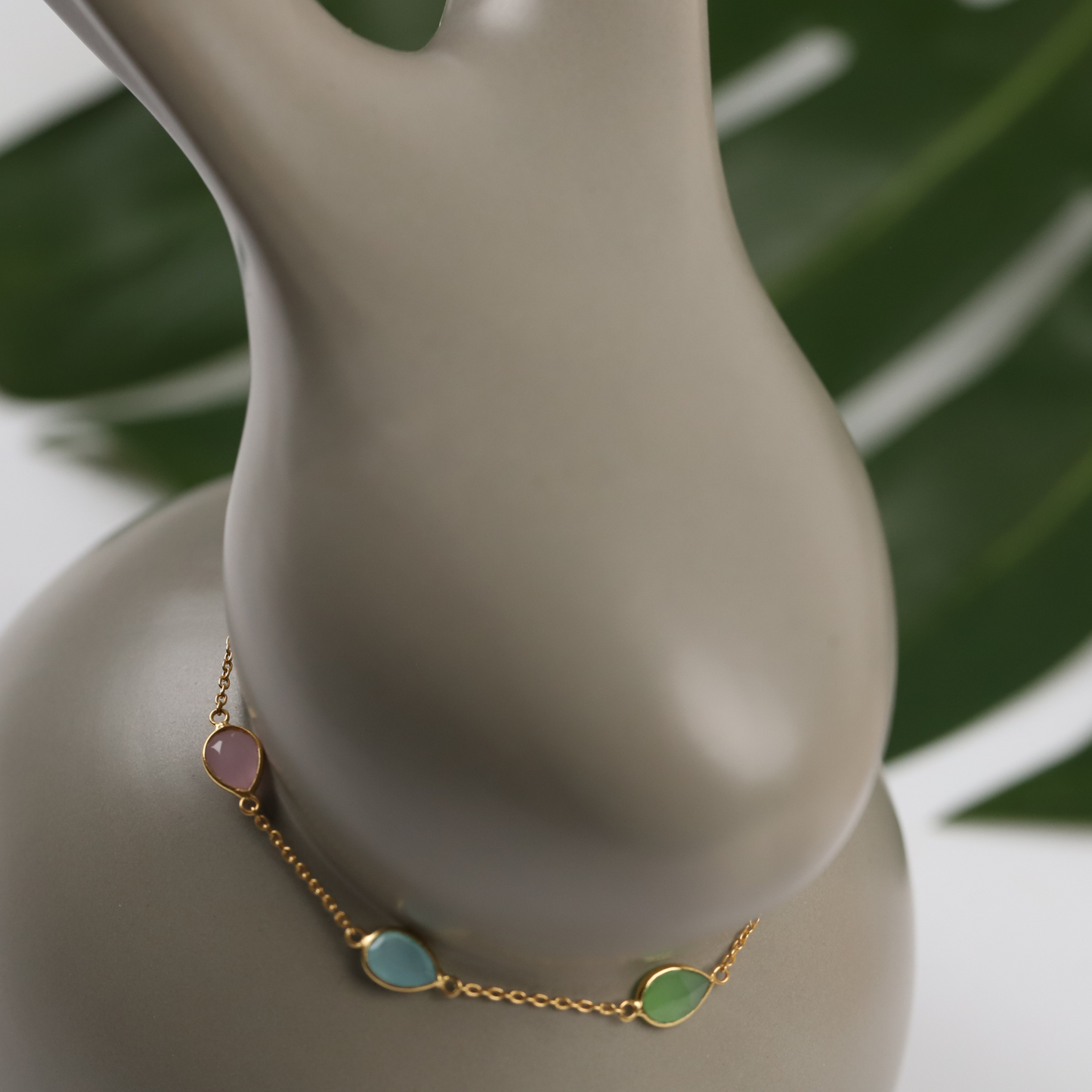 Aqua Chalcedony, Prehnite, Chalcedony, and Rose Chalcedony Silver Bracelet