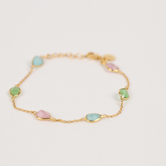 Aqua Chalcedony, Prehnite, Chalcedony, and Rose Chalcedony Silver Bracelet
